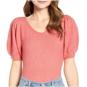 Rachel Parcell Puff Sleeve Sweater V-Neck Knit Fuzzy Short Sleeve, Coral Pink